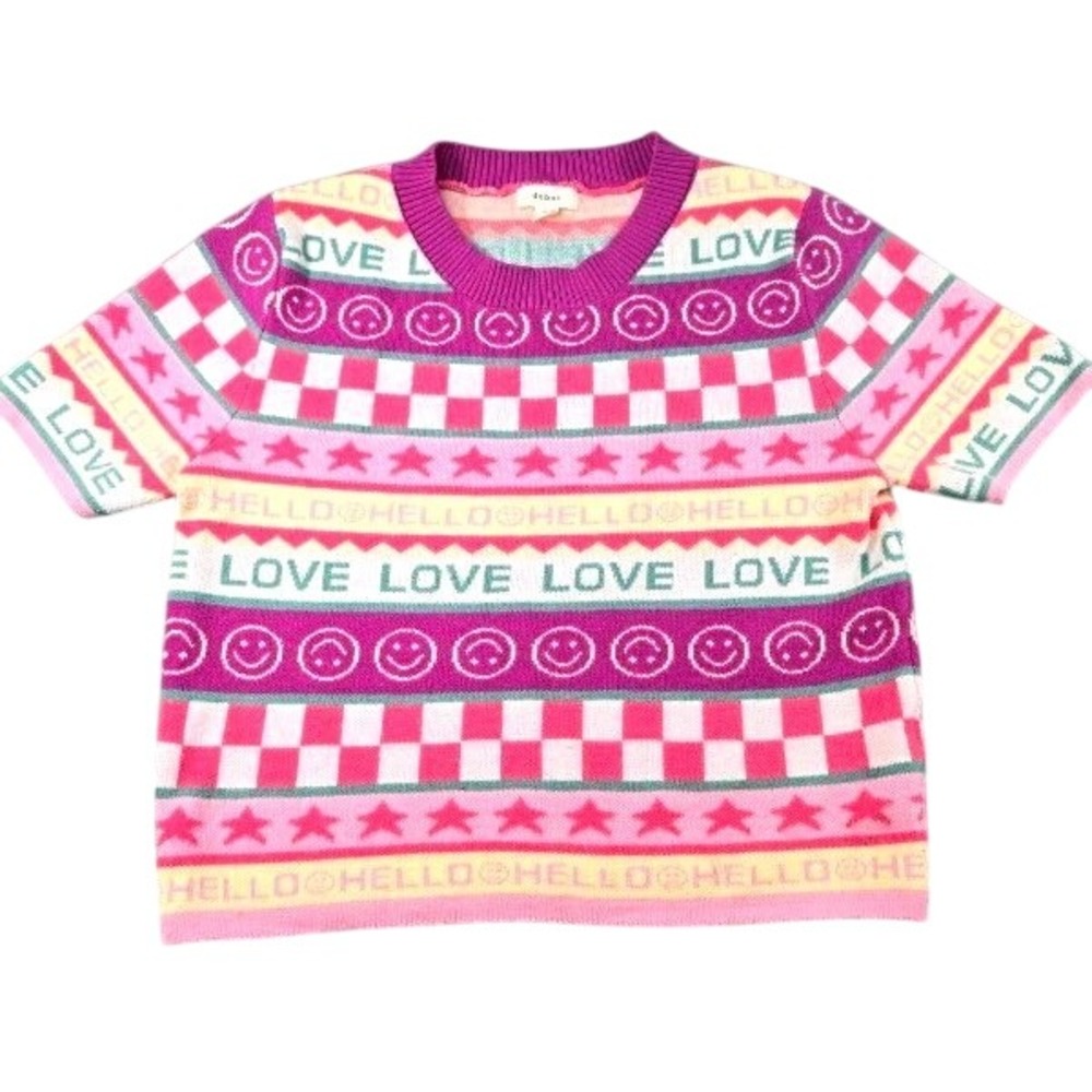 Debut Girls Knit Sweater Top Size L Colorful Smiley Face Love Graphic‎ Stars